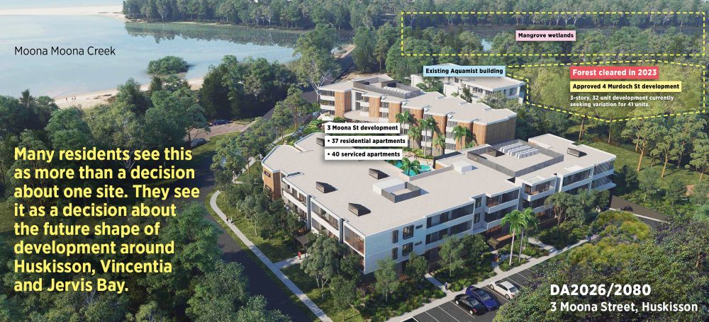 A proposal for 37 residential apartments, 40 serviced apartments, food and drink premises, a swimming pool and 130 car parking spaces has been lodged on land adjacent to Moona Moona Creek