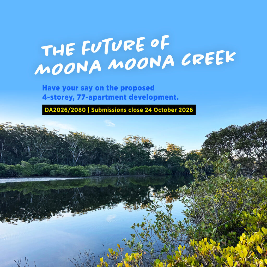 A peaceful view of Moona Moona Creek, where the blue sky is mirrored in calm waters. Mangroves fringe the shoreline and tall bushland trees rise in the distance, highlighting the area’s natural character. Words over the image read: ‘The future of Moona Moona Creek. Have your say on the proposed 4-storey, 77-apartment development. DA2026/2080 | Submissions close 24 October 2026.’